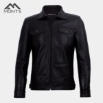 MONT5  Diran Men Black Classic Leather Jacket with Shirt Collar