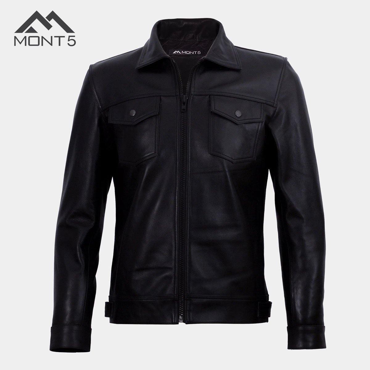 MONT5  Diran Men Black Classic Leather Jacket with Shirt Collar