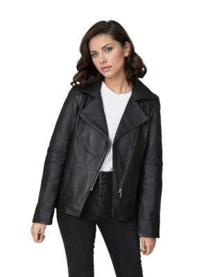 Freya Women's Real Leather Cross Zip Biker Jacket Black