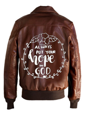 Always Put Your Hope In God Printed Bomber Genuine Leather Jacket
