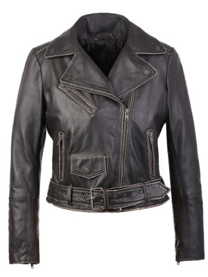 Carla Womens Distressed Short Biker Leather Jacket