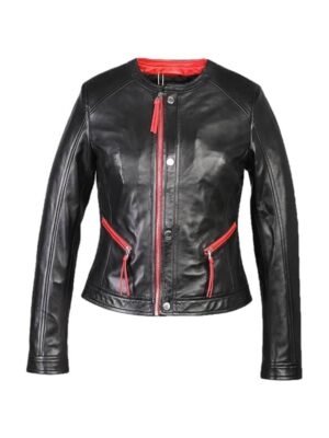 Cropped Womens Striped Short Biker Leather Jacket