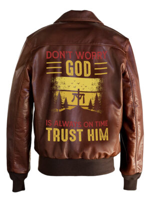 God Is Always On Time Religious Printed Bomber Genuine Leather Jacket