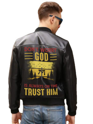 God Is Always On Time Printed Religious Leather Jacket