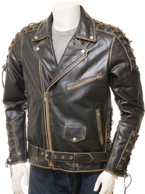 MENS VINTAGE LEATHER BIKER JACKET PITCHER