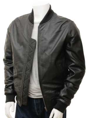 MEN BLACK LEATHER BOMBER JACKET BOSTON