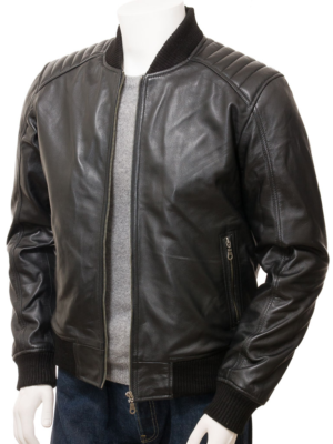 MEN BLACK LEATHER BOMBER JACKET BRANDON
