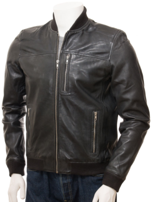 MEN BLACK LEATHER BOMBER JACKET BRASHER