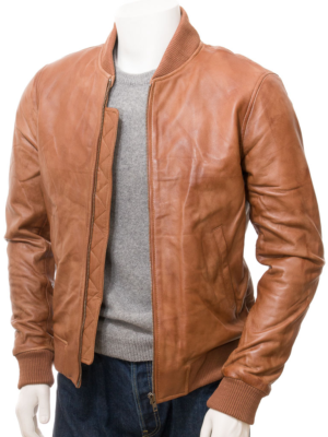 MENS TAN LEATHER BOMBER JACKET BURKE