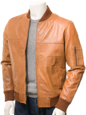 MENS TAN LEATHER BOMBER JACKET BURNS
