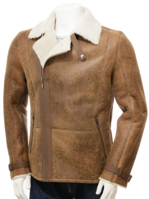 MENS SHEEPSKIN BIKER JACKET IN TAN EASTON