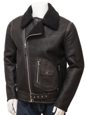 MEN BLACK SHEEPSKIN BIKER JACKET EVANS