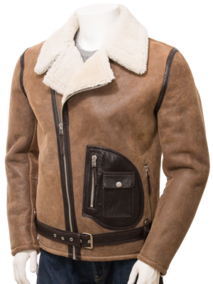MEN BROWN SHEEPSKIN BIKER JACKET EVANS