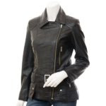 WOMENS BLACK LEATHER BIKER JACKET COCOA