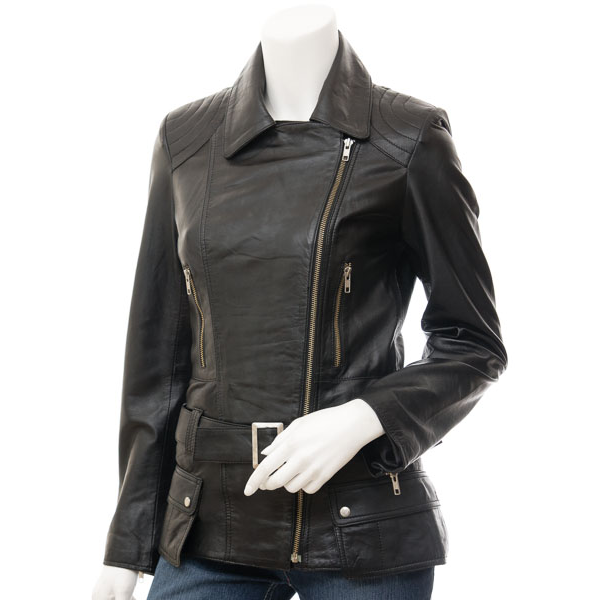 WOMENS BLACK LEATHER BIKER JACKET COCOA