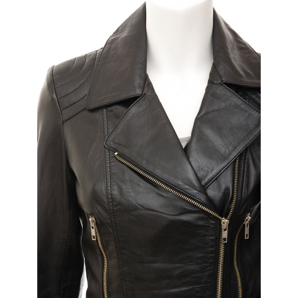 WOMENS BLACK LEATHER BIKER JACKET COCOA