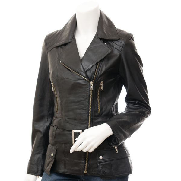 WOMENS BLACK LEATHER BIKER JACKET COCOA