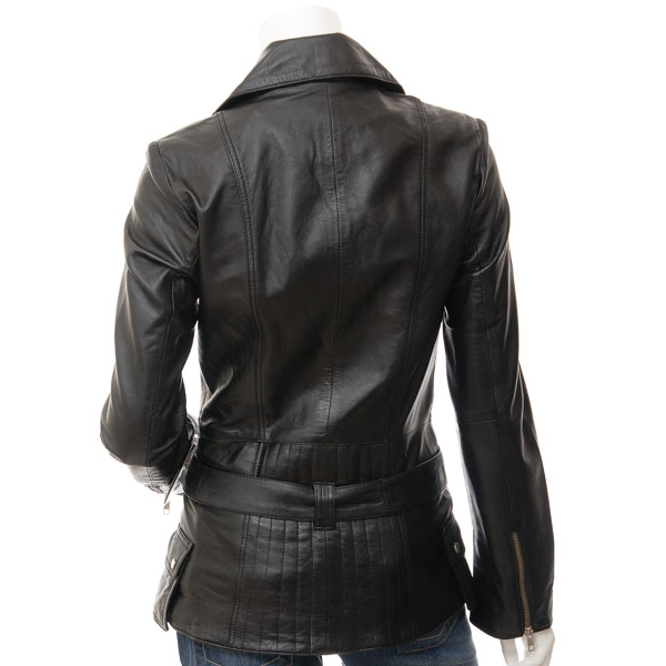 WOMENS BLACK LEATHER BIKER JACKET COCOA