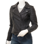 WOMENS MATTE BLACK LEATHER BIKER JACKET GRETNA