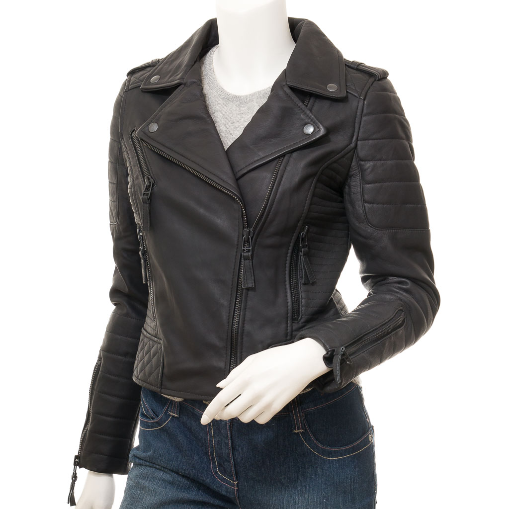WOMENS MATTE BLACK LEATHER BIKER JACKET GRETNA