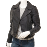 WOMENS MATTE BLACK LEATHER BIKER JACKET GRETNA