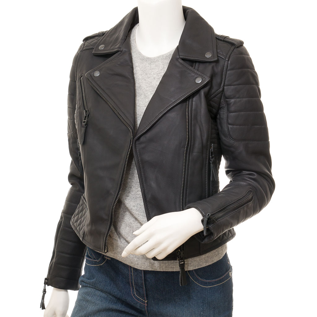 WOMENS MATTE BLACK LEATHER BIKER JACKET GRETNA