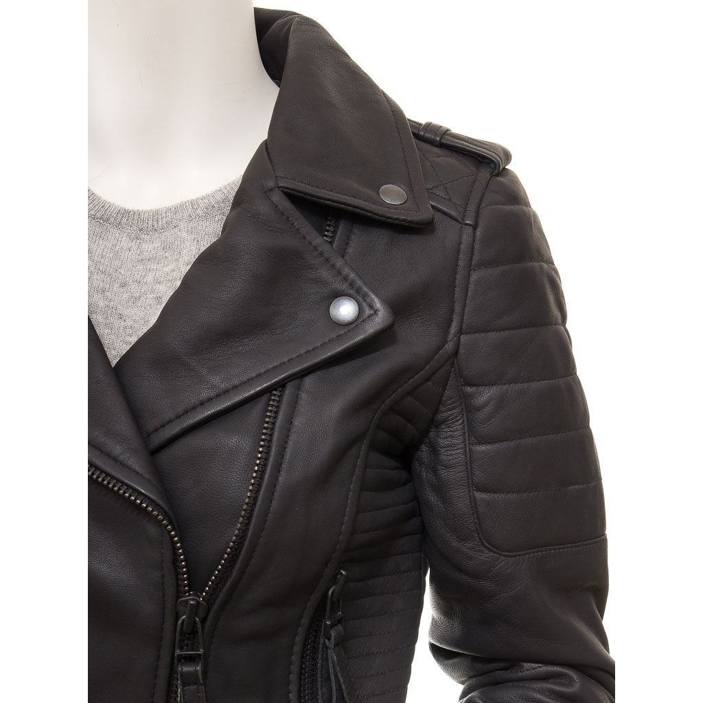 WOMENS MATTE BLACK LEATHER BIKER JACKET GRETNA