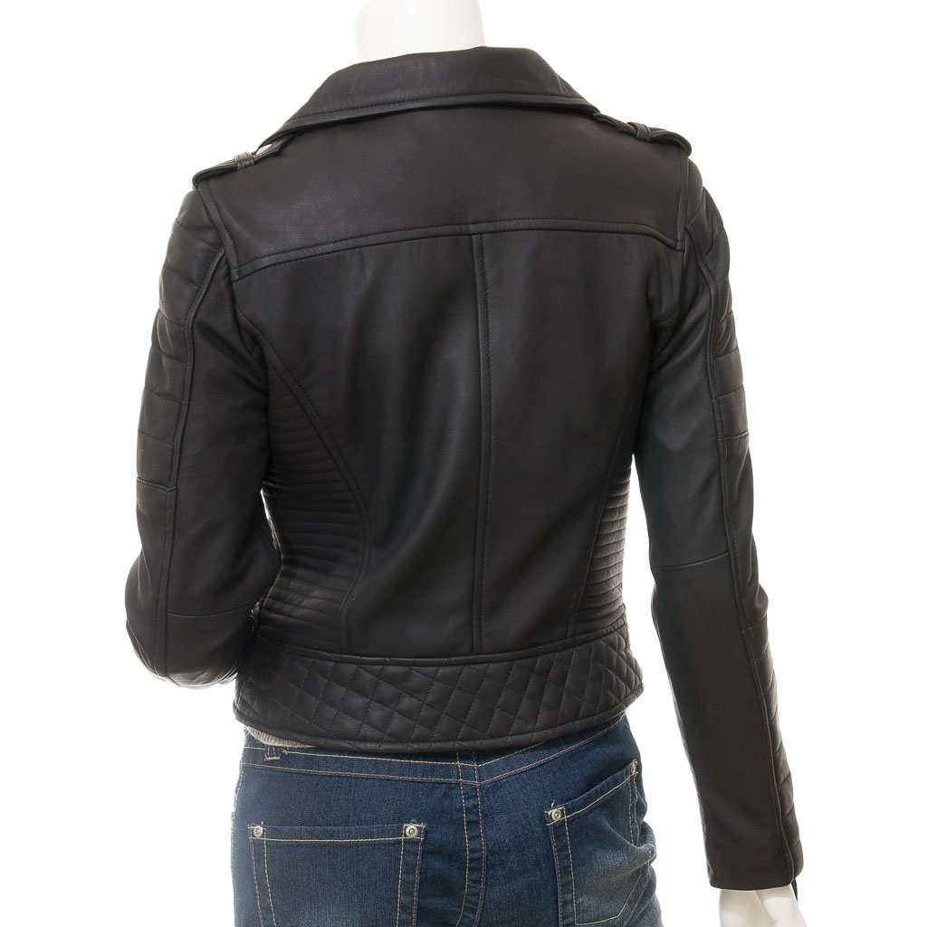WOMENS MATTE BLACK LEATHER BIKER JACKET GRETNA