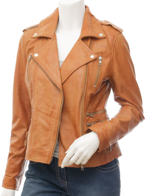 WOMENS TAN LEATHER BIKER JACKET ELBA