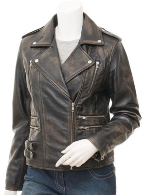 WOMENS VINTAGE LEATHER BIKER JACKET ELBA