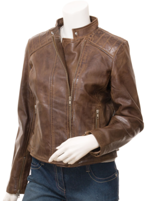 WOMENS BROWN LEATHER BIKER JACKET ALMA