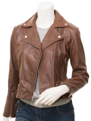 WOMENS BROWN LEATHER BIKER JACKET ALTONA