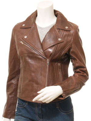 WOMENS BROWN LEATHER BIKER JACKET AMENIA