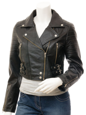 WOMENS BLACK LEATHER BIKER JACKET ANGELICA
