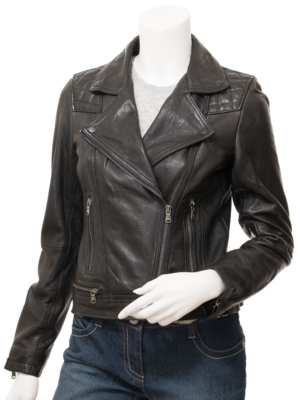 WOMENS BLACK LEATHER BIKER JACKET ANNSVILLE