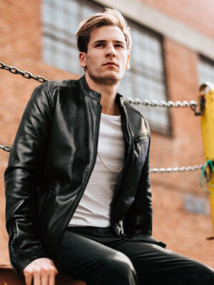 Burton Mandarin Collar Leather Jacket Black
