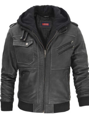 Oliver Men's Leather Bomber Jacket With Detachable Hoodie