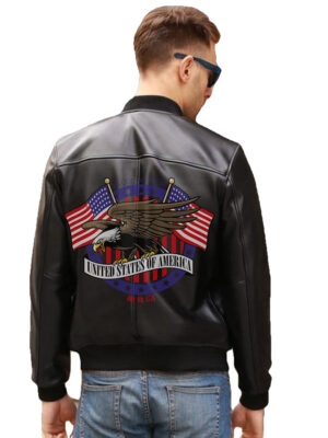 USA Bald Eagle Printed Real Leather Jacket