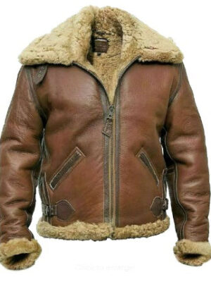 Stanley Men's Artificial Fur Lined Bomber Leather Jacket Brown