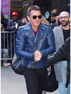 Antonio Banderas Real Leather Biker Jacket Blue