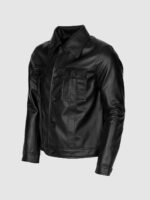 Men Black Leather Jacket with Folded Collar