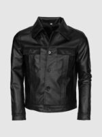 Men Black Leather Jacket with Folded Collar